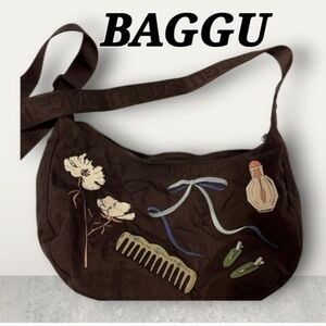 BAGGU Brown Embroidered Shoulder Bag